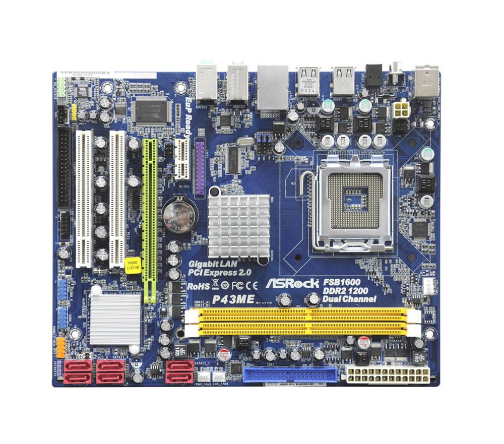 P43ME-BO-R ASRock P43ME Socket LGA 775 Intel P43 + ICH10 Chipset Core 2 Extreme/ Core 2 Quad/ Core 2 Duo/ Pentium Dual-Core/ Celeron Dual-Core/ Celeron Processors support DDR2 2x DIMM 6x SATA2 3.0Gb/s Micro-ATX Motherboard (Refurbished)