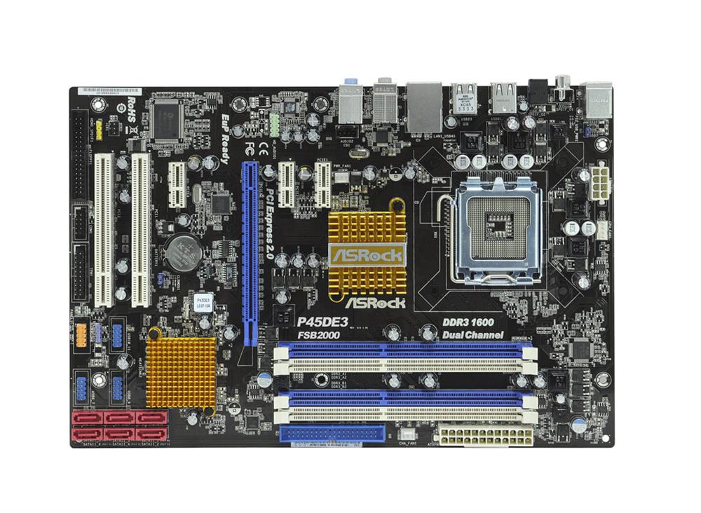 P45DE3-BO-R ASRock P45DE3 Socket LGA 775 Intel P45 + ICH10 Chipset Core 2 Extreme / Core 2 Quad/ Core 2 Duo/ Pentium Dual-Core/ Celeron Processors Support DDR3 4x DIMM 6x SATA2 3.0Gb/s ATX Motherboard (Refurbished)