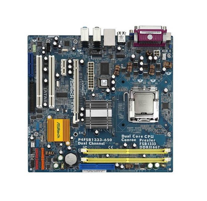 P4FSB1333-650-BO-R ASRock P4FSB1333-650 Socket LGA 775 Intel 945GC + ICH7 Chipset Core 2 Extreme/ Core 2 Duo/ Core 2 Quad/ Pentium D/ Pentium 4/ Celeron D/ Celeron Processors Support DDR2 2x DIMM 4x SATA2 3.0Gb/s Micro-ATX Motherboard (Refurbished)