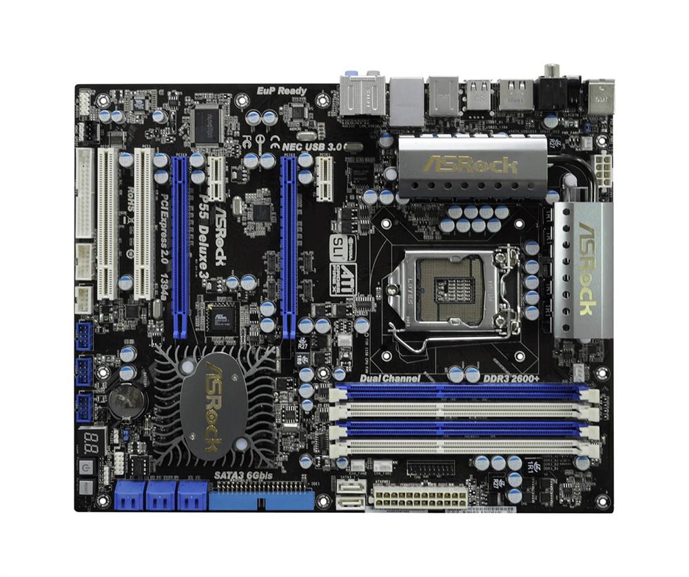 P55DELUXE3 ASRock P55 Deluxe3 Socket LGA 1156 Intel P55 Chipset Core i7 / i5 / i3 / Pentium G6950 Processors Support DDR3 4x DIMM 6x SATA2 3.0Gb/s ATX Motherboard (Refurbished)