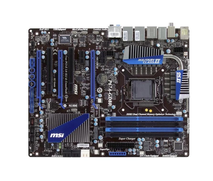 P67A-GD80 MSI (B3) Socket LGA 1155 Intel P67 Chipset Core i7 / i5 / i3 Processors Support DDR3 4x DIMM 2x SATA 6.0Gb/s ATX Motherboard (Refurbished)