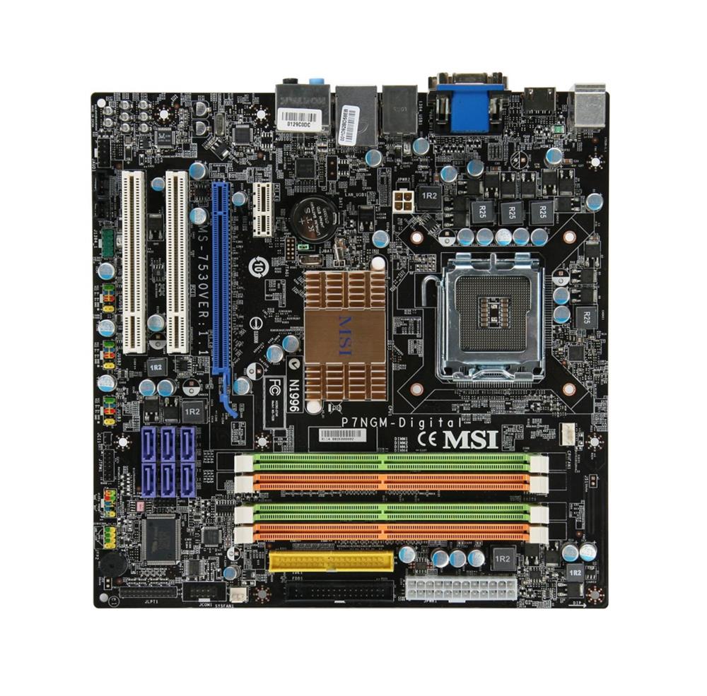 P7NGM-DIGITAL MSI Socket LGA 775 Nvidia GeForce 9300 + nForce 730i Chipset Core 2 Duo/ Core 2 Quad/ Pentium 4/ Pentium 4 Extreme Edition/ Pentium Extreme Edition/ Pentium D/ Core 2 Extreme/ Celeron Processors Support DDR2 4x DIMM 6x SATA 3.0Gb/s Micro-ATX Motherboard (Refurbished)