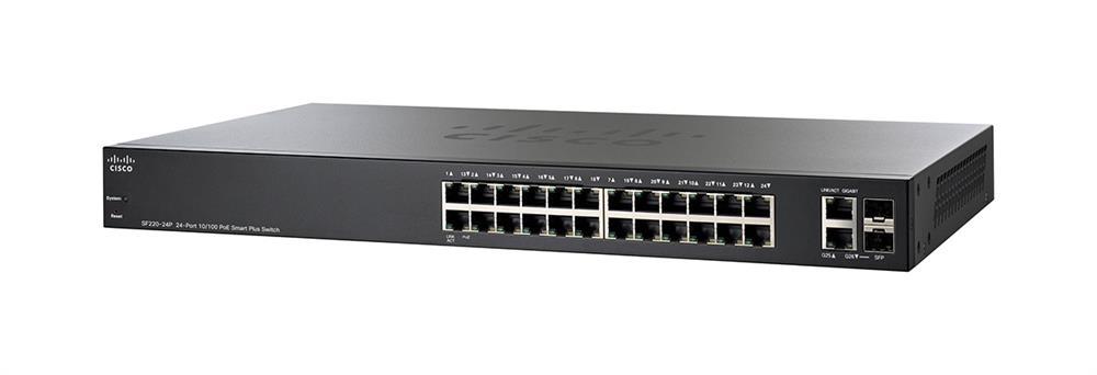 SF220-24P-K9-UK Cisco SF220-24P 24-Port 10/100 PoE Smart Plus Switch - 24 Ports - Manageable - 10/100Base-TX, 10/100/1000Base-T, 1000Base-X - 2 Layer Supported - 2 SFP Slots - Desktop,  (Refurbished)
