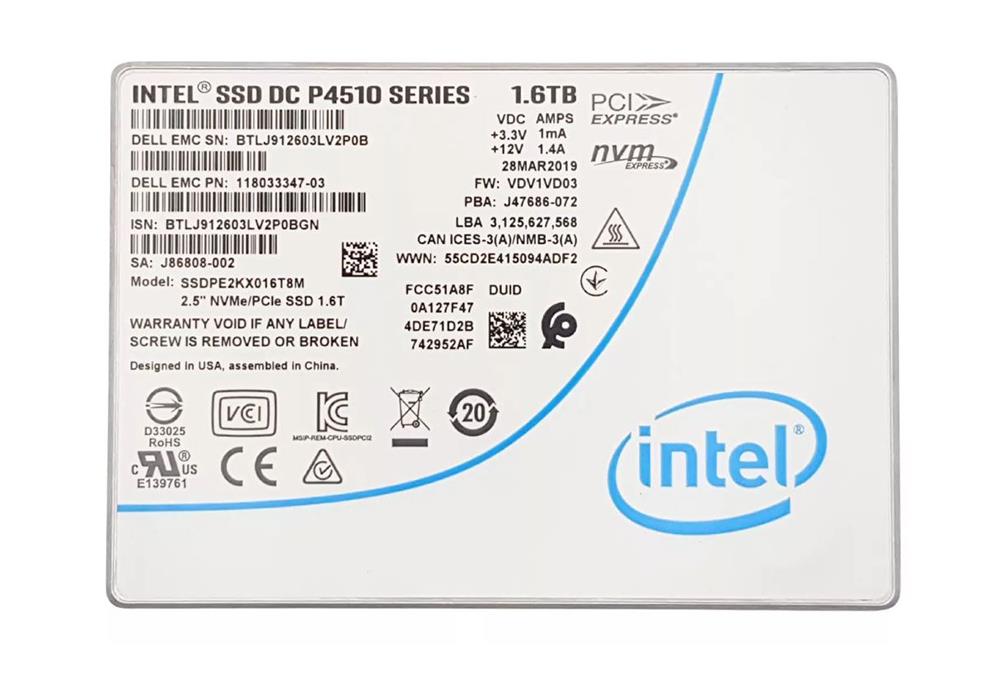 SSDPE2KX016T8M Intel DC P4510 Series 1.6TB PCI Express 3.0 NVMe TLC Read-Intensive 2.5-inch Internal Solid State Drive (SSD)