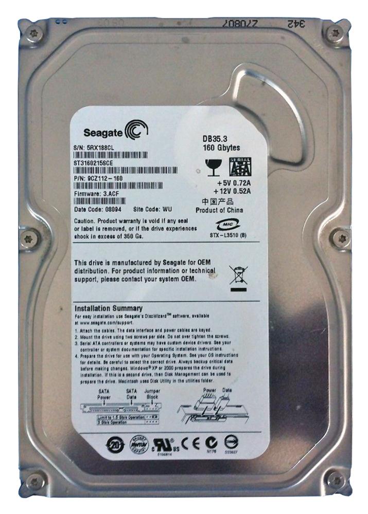 ST3160215SCE Seagate DB35 160GB 7200RPM SATA 3Gbps 2MB Cache 3.5-inch Internal Hard Drive