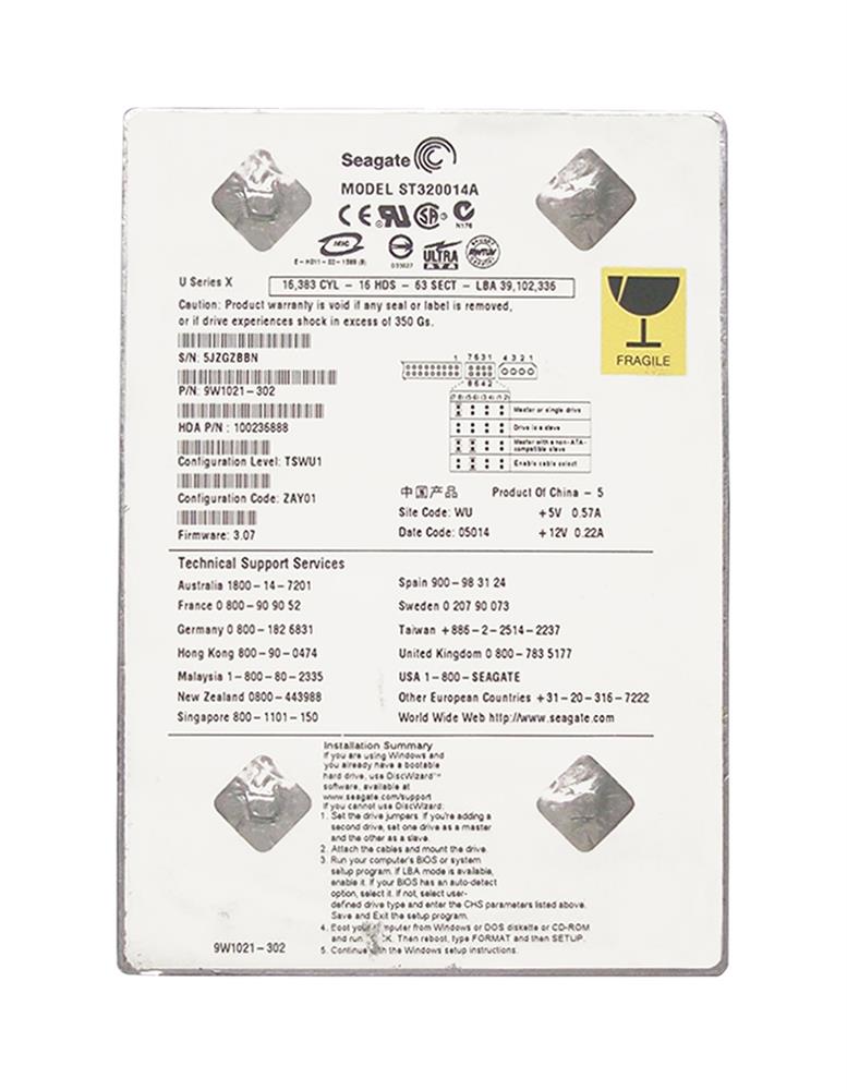 ST320014A Seagate U Series 20GB 5400RPM ATA-100 2MB Cache 3.5-inch Internal Hard Drive