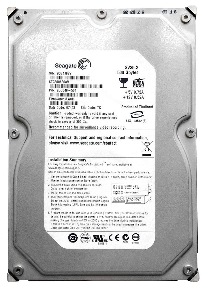 ST3500630AV Seagate SV35.2 500GB 7200RPM ATA-100 16MB Cache 3.5-inch Internal Hard Drive