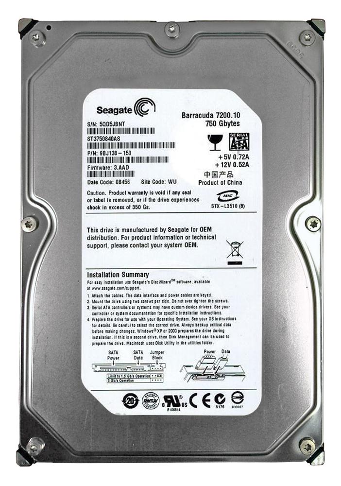 ST3750840AS Seagate Barracuda 7200.10 750GB 7200RPM SATA 3Gbps 8MB Cache 3.5-inch Internal Hard Drive