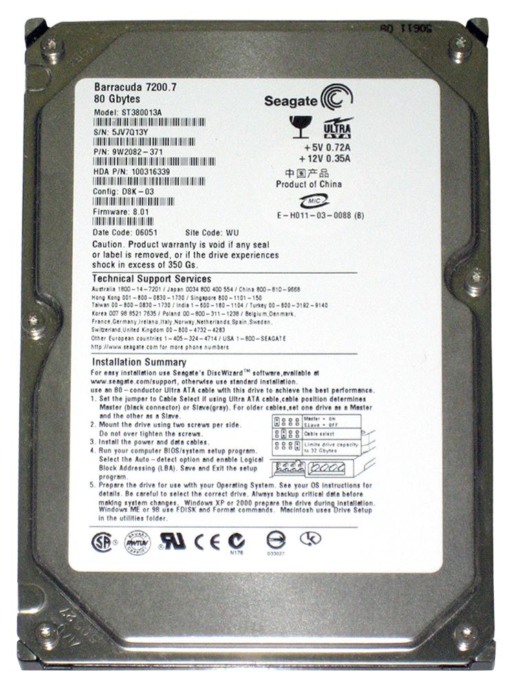 ST380013A Seagate Barracuda 7200.7 80GB 7200RPM ATA-100 8MB Cache 3.5-inch Internal Hard Drive