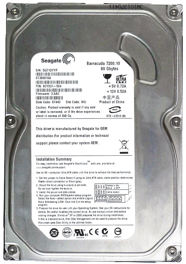 ST380815A Seagate Barracuda 7200.10 80GB 7200RPM ATA-100 8MB Cache 3.5-inch Internal Hard Drive