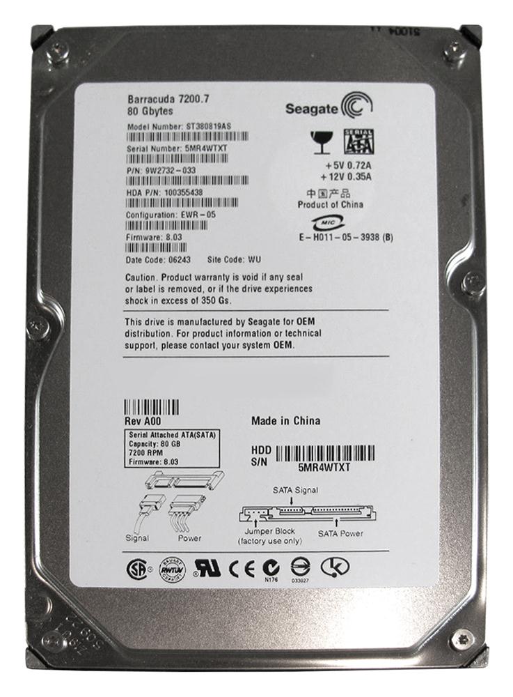 ST380819AS Seagate Barracuda 7200.7 80GB 7200RPM SATA 3Gbps 8MB Cache 3.5-inch Internal Hard Drive