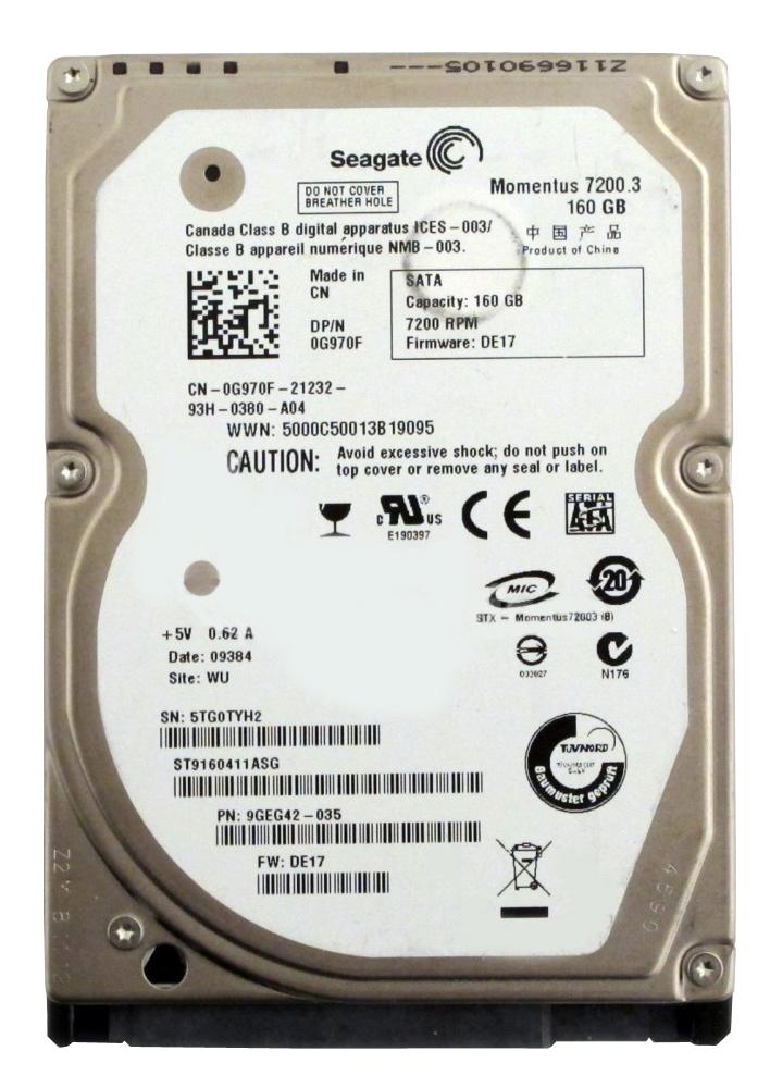 ST9160411ASG Seagate Momentus 7200.3 160GB 7200RPM SATA 3Gbps 16MB Cache 2.5-inch Internal Hard Drive