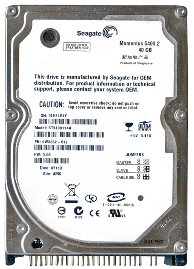ST9408114A Seagate Momentus 5400.2 40GB 5400RPM ATA-100 8MB Cache 2.5-inch Internal Hard Drive