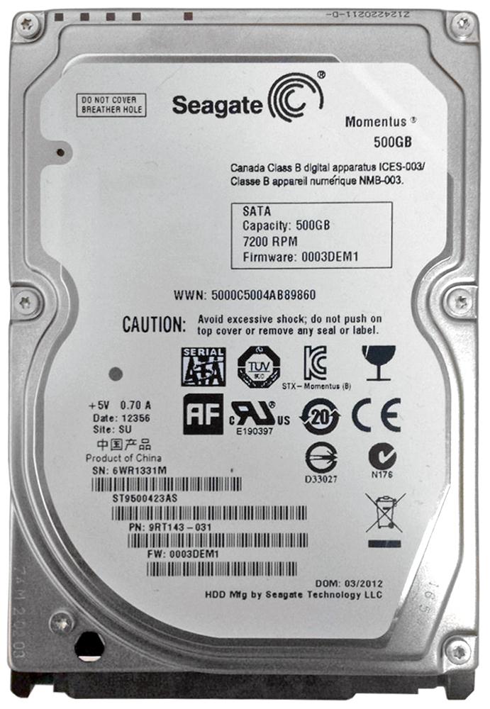 ST9500423AS Seagate Momentus 7200.4 500GB 7200RPM SATA 3Gbps 16MB Cache 2.5-inch Internal Hard Drive