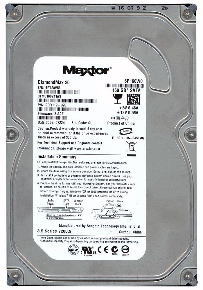 STM3160211AS Seagate DiamondMax 20 160GB 7200RPM SATA 3Gbps 2MB Cache 3.5-inch Internal Hard Drive