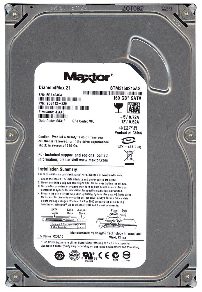 STM3160215AS Seagate DiamondMax 21 160GB 7200RPM SATA 3Gbps 2MB Cache 3.5-inch Internal Hard Drive