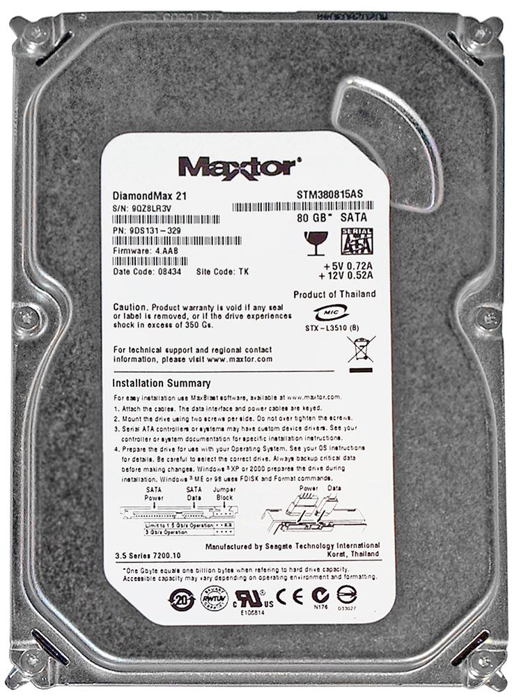 STM380815AS Seagate DiamondMax 21 80GB 7200RPM SATA 3Gbps 8MB Cache 3.5-inch Internal Hard Drive