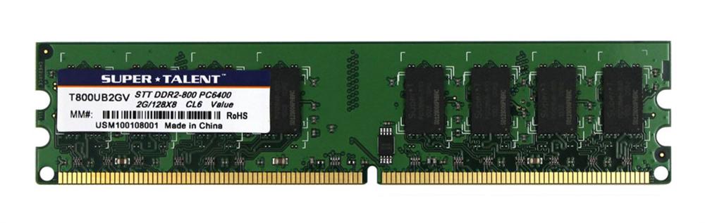 T800UB2GV Super Talent 2GB PC2-6400 DDR2-800MHz non-ECC Unbuffered CL6 240-Pin DIMM Memory Module