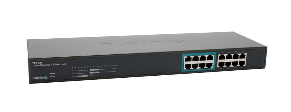 TPE-S88 TRENDnet 16-Ports 10/100Base-TX LAN IEEE 802.3x 512KB Cache Web Smart PoE 1U Rackmount Switch (Refurbished)