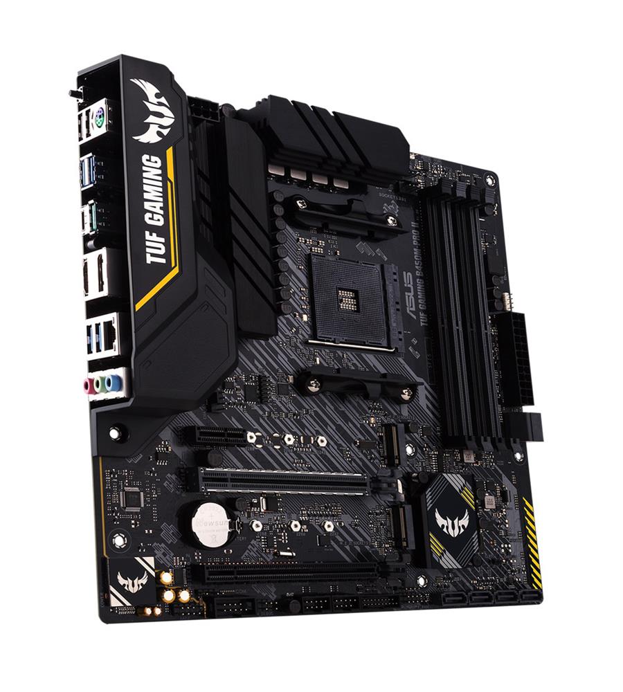 TUF GAMING B450M-PRO II ASUS Socket AM4 AMD B450 Chipset AMD Ryzen 5000 Series/ 5000 G-Series/ 4000 G-Series/ 3000 Series/3rd/1st Generation AMD Ryzen 2nd/1st Generation Processors Support DDR4 4x DIMM 6x SATA 6.0Gb/s Micro-ATX Motherboard (Refurbished)