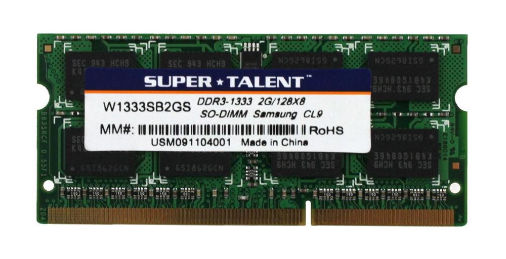 W1333SB2GS Super Talent 2GB PC3-10600 DDR3-1333MHz non-ECC Unbuffered CL9 204-Pin SoDimm Single Rank Memory Module