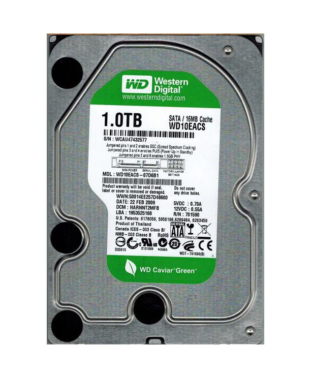 WD10EACS-O7D6B1 Western Digital Caviar Green 1TB 7200RPM SATA 3Gbps 16MB Cache 3.5-inch Internal Hard Drive