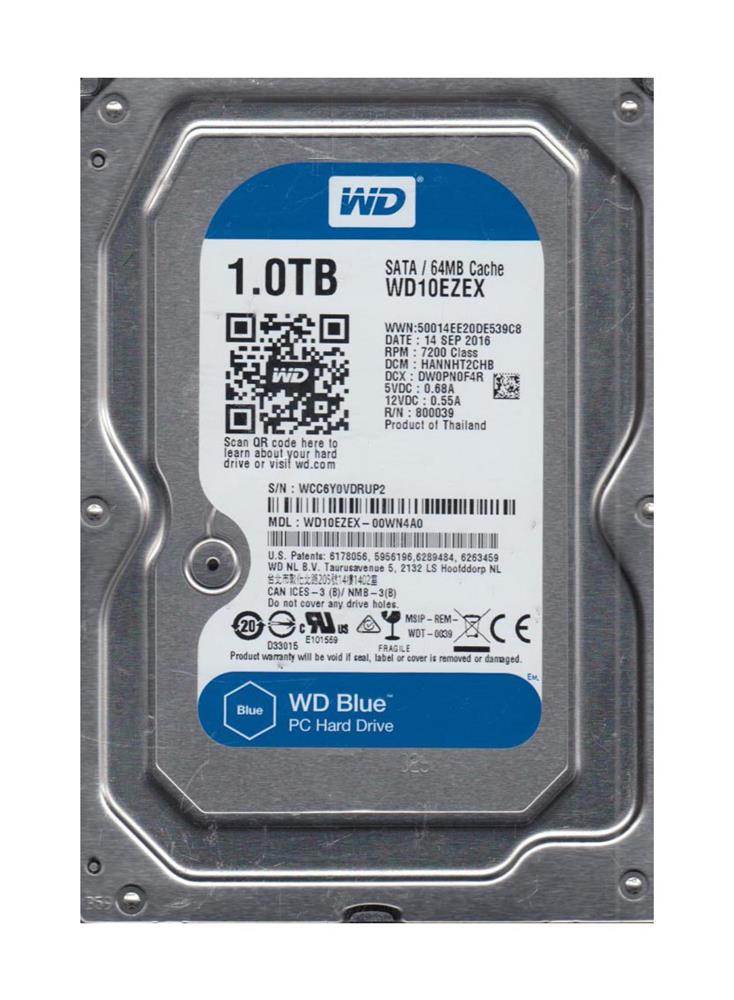 WD10EZEX-OOWN4AO Western Digital Caviar Blue 1TB 7200RPM SATA 6Gbps 64MB Cache 3.5-inch Internal Hard Drive