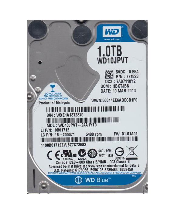 WD10JPVT-24A1YTO Western Digital Scorpio Blue 1TB 5400RPM SATA 3Gbps 8MB Cache 2.5-inch Internal Hard Drive