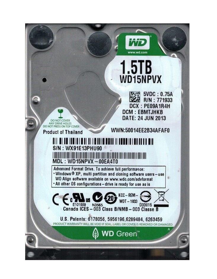 WD15NPVX-OOEA4TO Western Digital Green 1.5TB 5400RPM SATA 6Gbps 8MB Cache 2.5-inch Internal Hard Drive