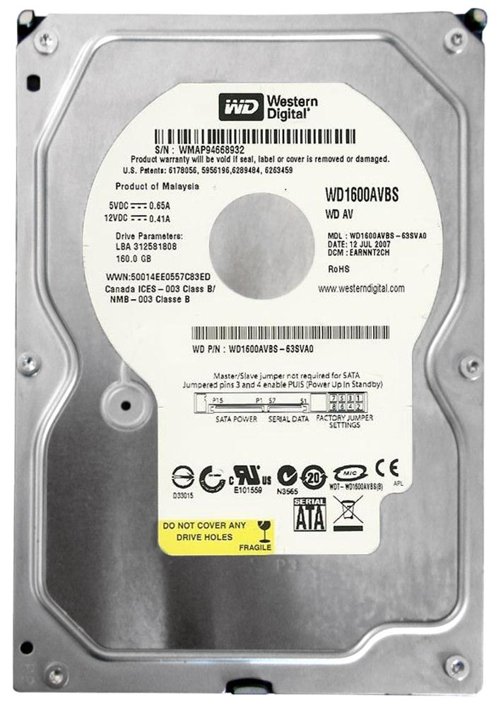 WD1600AVBS Western Digital AV 160GB 7200RPM SATA 3Gbps 2MB Cache 3.5-inch Internal Hard Drive