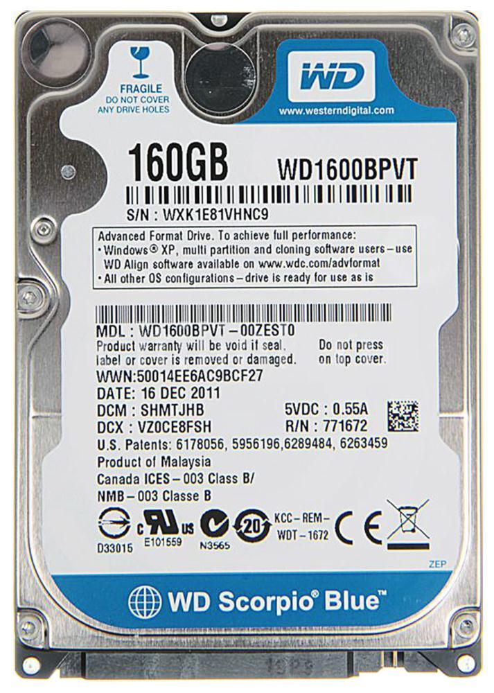 WD1600BPVT-RF Western Digital Scorpio Blue 160GB 5400RPM SATA 3Gbps 8MB Cache 2.5-inch Internal Hard Drive