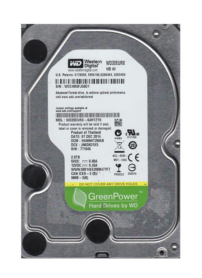 WD20EURX-64HYZYO Western Digital AV-GP 2TB 5400RPM SATA 6Gbps 64MB Cache 3.5-inch Internal Hard Drive