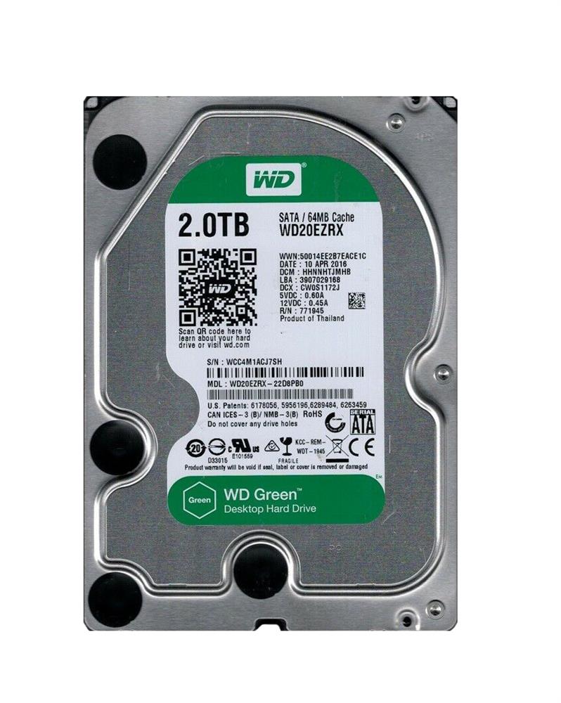WD20EZRX-22D8PB0 Western Digital Green 2TB 5400RPM SATA 6Gbps 64MB Cache 3.5-inch Internal Hard Drive