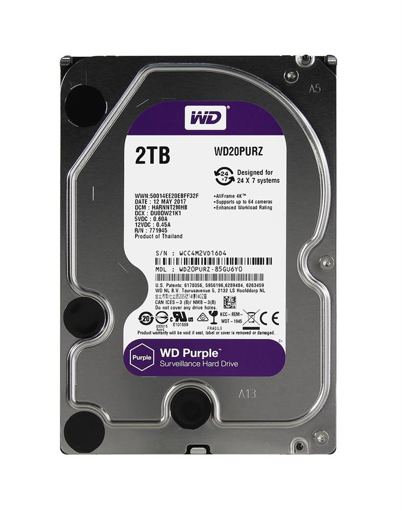 WD20PURZ Western Digital Purple Surveillance 2TB 5400RPM SATA 6Gbps 64MB Cache 3.5-inch Internal Hard Drive