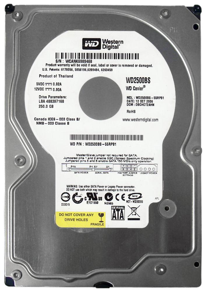 WD2500BS-55RPB1 Western Digital Caviar Blue 250GB 7200RPM SATA 1.5Gbps 2MB Cache 3.5-inch Internal Hard Drive