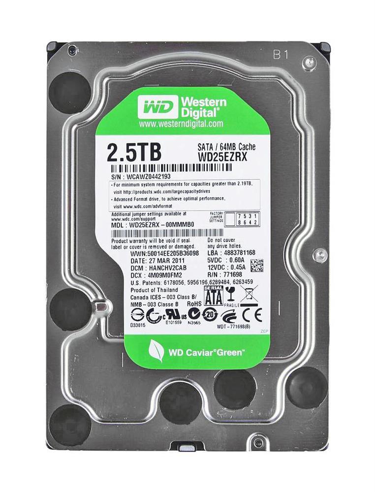 WD25EZRX20PK Western Digital Caviar Green 2.5TB 5400RPM SATA 6Gbps 64MB Cache 3.5-inch Internal Hard Drive (20-Pack)