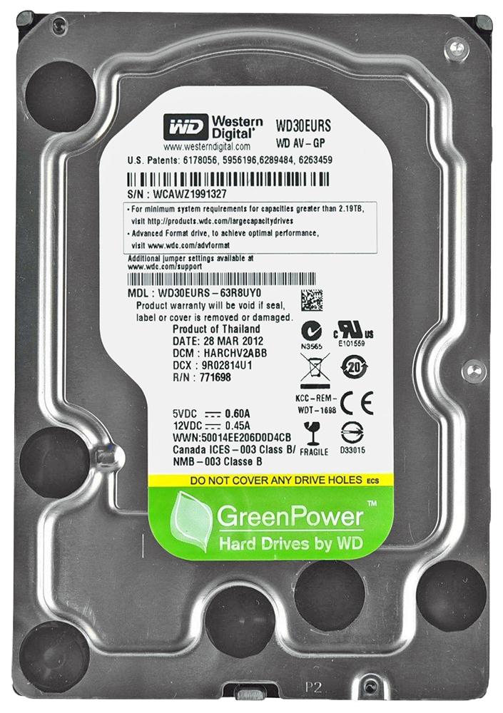 WD30EURS-63R8UY0 Western Digital AV-GP 3TB 5400RPM SATA 3Gbps 64MB Cache 3.5-inch Internal Hard Drive