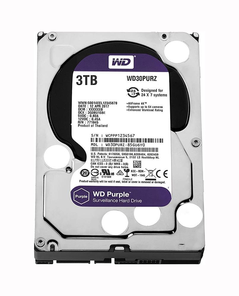 WD30PURZ-20PK Western Digital Purple Surveillance 3TB 5400RPM SATA 6Gbps 64MB Cache 3.5-inch Internal Hard Drive (20-Pack)