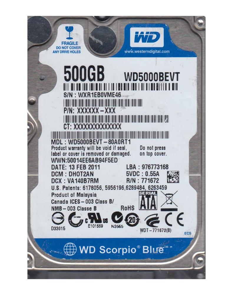 WD5000BEVT-80A0RT1 Western Digital Scorpio 500GB SATA 3.0 Gbps Hard Drive