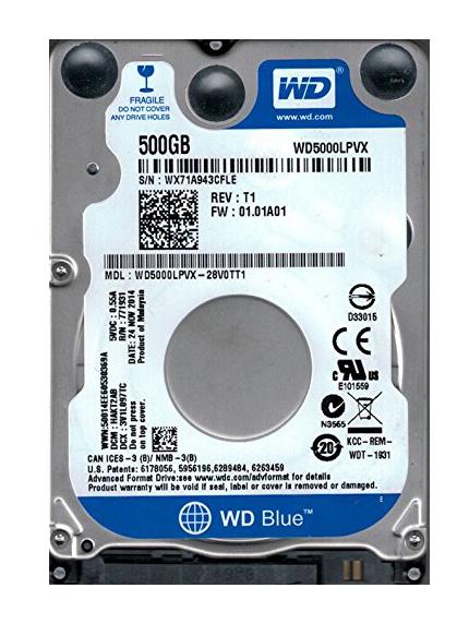 WD5000LPVX-28V0TT1 Western Digital Blue 500GB 5400RPM SATA 6Gbps 8MB Cache 2.5-inch Internal Hard Drive