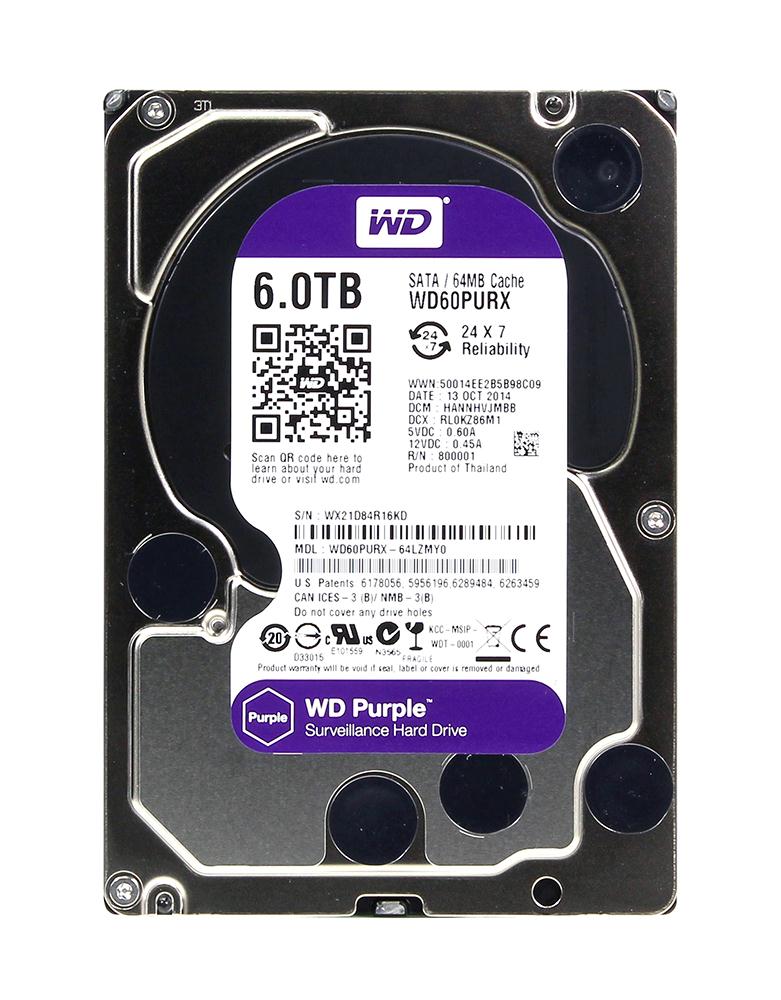 WD60PURX-64LZMY0 Western Digital Purple 6TB 5400RPM SATA 6Gbps 64MB Cache 3.5-inch Internal Hard Drive