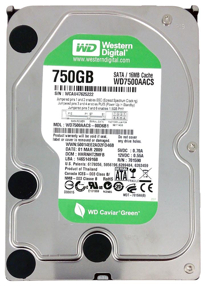 WD7500AACS Western Digital Caviar Green 750GB 7200RPM SATA 3Gbps 16MB Cache 3.5-inch Internal Hard Drive