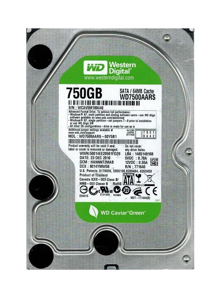 WD7500AARS-OOY5B1 Western Digital Caviar Green 750GB 5400RPM SATA 3Gbps 64MB Cache 3.5-inch Internal Hard Drive