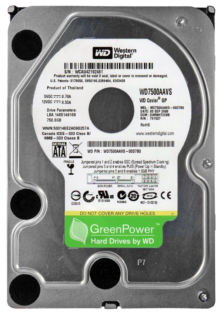 WD7500AAVS Western Digital Caviar Green 750GB 5400RPM SATA 3Gbps 8MB Cache 3.5-inch Internal Hard Drive