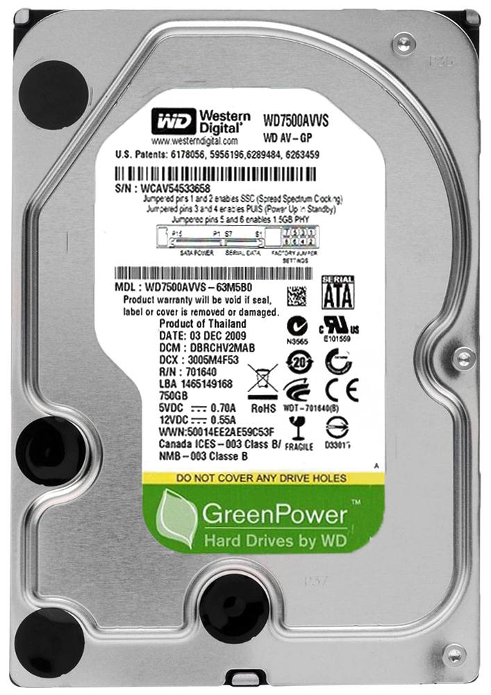 WD7500AVVS Western Digital AV-GP 750GB 7200RPM SATA 3Gbps 8MB Cache 3.5-inch Internal Hard Drive