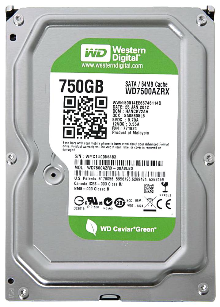 WD7500AZRX-00A8LB0 Western Digital Caviar Green 750GB 5400RPM SATA 6Gbps 64MB Cache 3.5-inch Internal Hard Drive