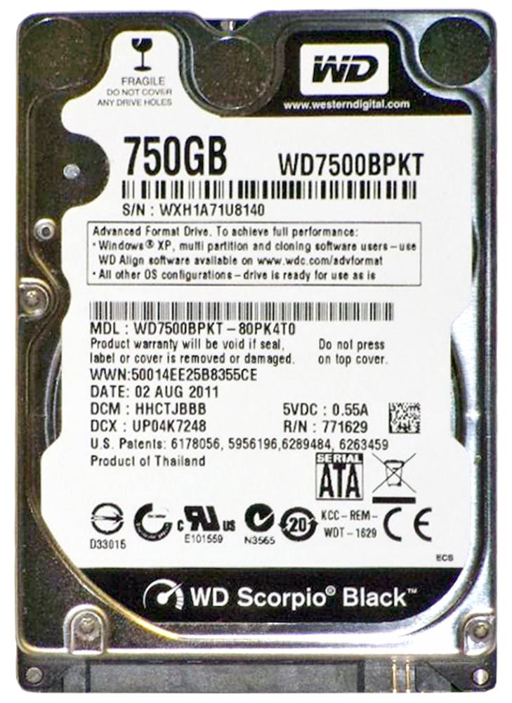 WD7500BPKT-80PK4T0 Western Digital Scorpio Black 750GB 7200RPM SATA 3Gbps 16MB Cache 2.5-inch Internal Hard Drive