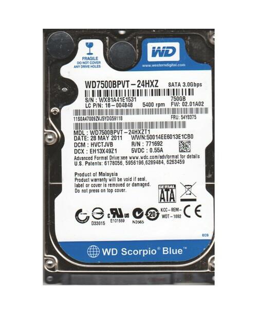 WD7500BPVT-24HXZT1 Western Digital Scorpio Blue 750GB 5400RPM SATA 3Gbps 8MB Cache 2.5-inch Internal Hard Drive
