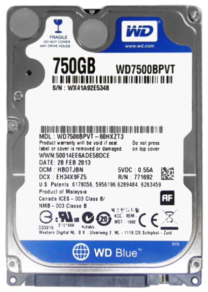 WD7500BPVT-55HXZT2 Western Digital Scorpio Blue 750GB 5400RPM SATA 3Gbps 8MB Cache 2.5-inch Internal Hard Drive
