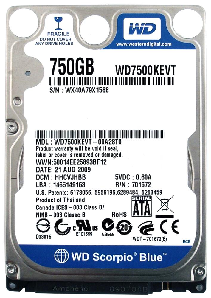 WD7500KEVT-00A28T0 Western Digital Scorpio Blue 750GB 5200RPM SATA 3Gbps 8MB Cache 2.5-inch Internal Hard Drive